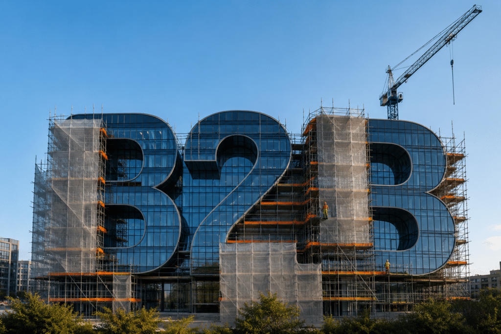 Construction taking place on a modern building which appears to be built out of the letters B, 2 and B.