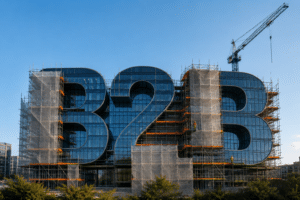 Construction taking place on a modern building which appears to be built out of the letters B, 2 and B.