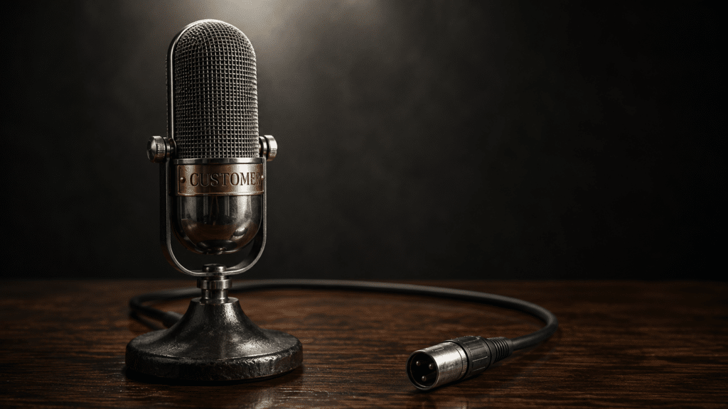 Vintage microphone, labelled 'customer', with power chord disconnected.
