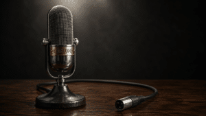 Vintage microphone, labelled 'customer', with power chord disconnected.