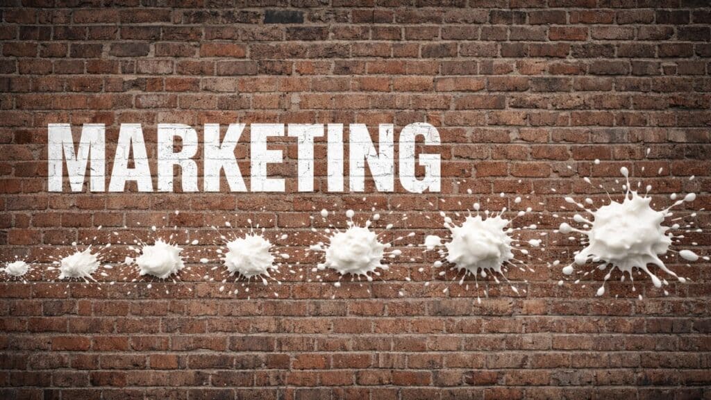 Custard pie style white slop, in a line on a brick wall, as if fired by a machine gun, next to the word 'marketing' in stenciled white letters.