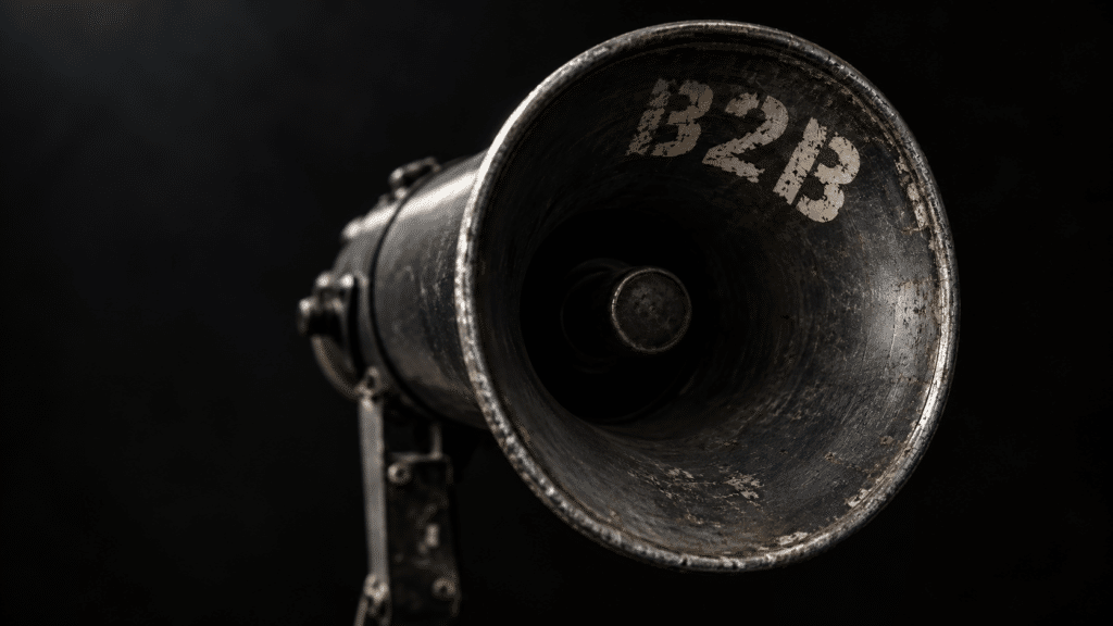 A vintage bullhorn or megaphone with the letters 'B2B' stencilled on it.