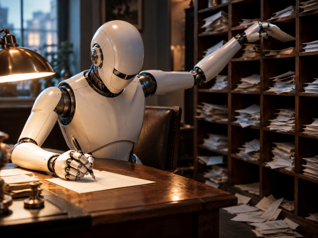 Robot sorting an old-fashioned letter box and simultaneously writing in a notebook