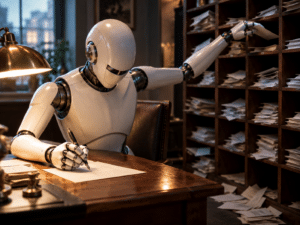 Robot sorting an old-fashioned letter box and simultaneously writing in a notebook