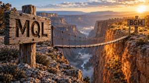 Sunlit canyon with a sign saying MQL on one side and another saying BGM on the other, and a slender rope bridge inbetween.