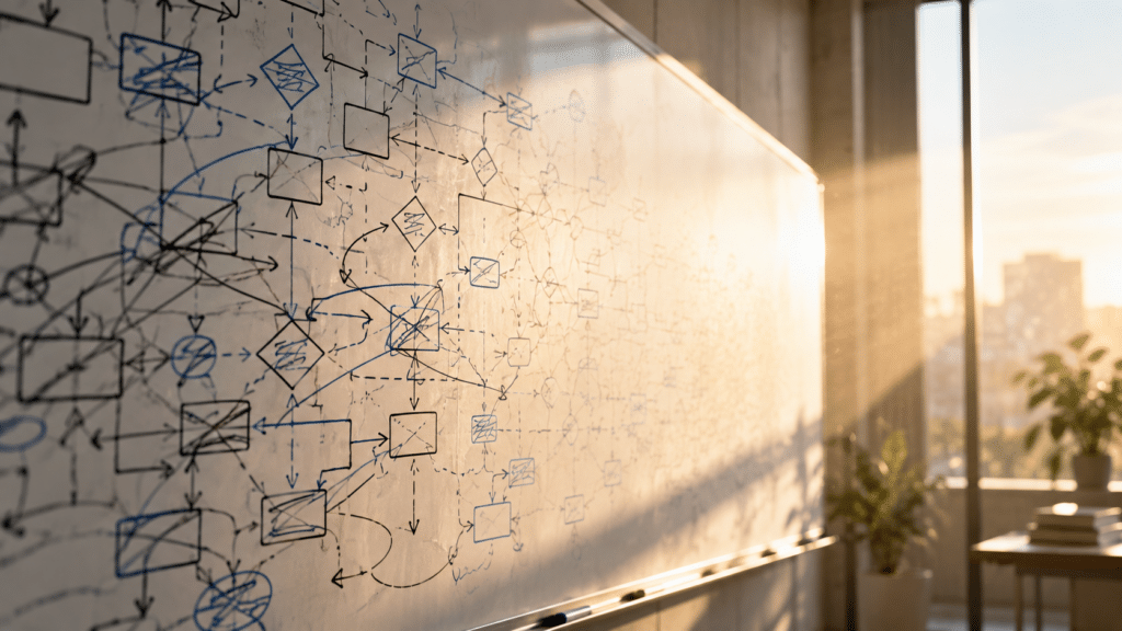 A sunlit flowchart on an office wall showing confused and sometimes crossed out journey flow diagram