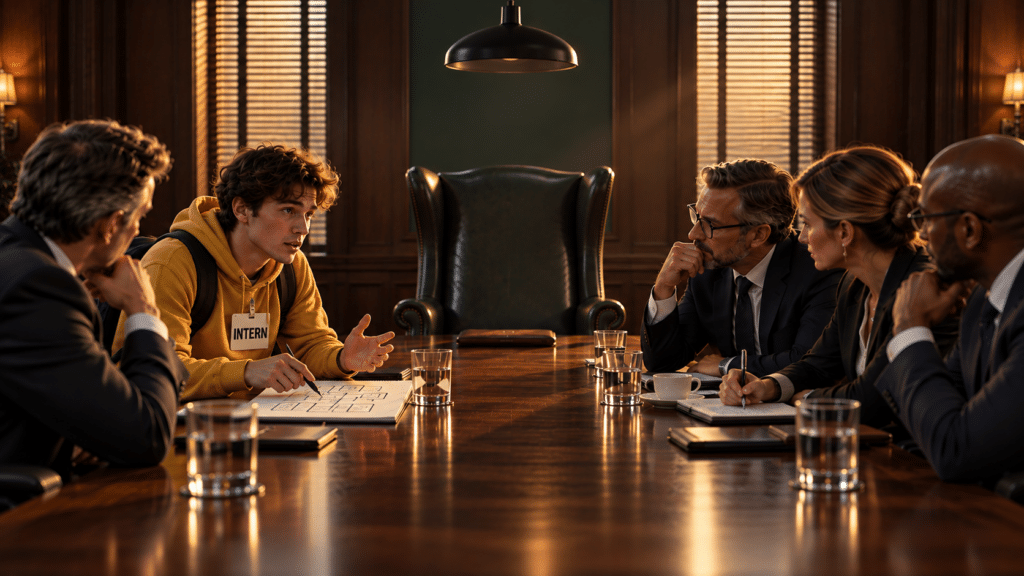A young Intern in a yellow hoodie holds a boardroom of middle aged execs in rapped attention.